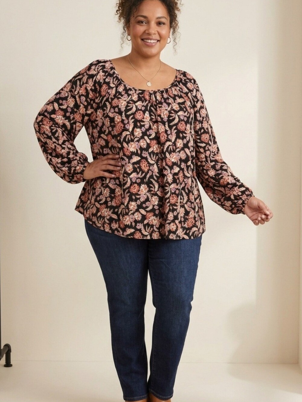 Terra & Sky Peasant Blouse Black Peach Floral Long Sleeve Lightweight Round Neck